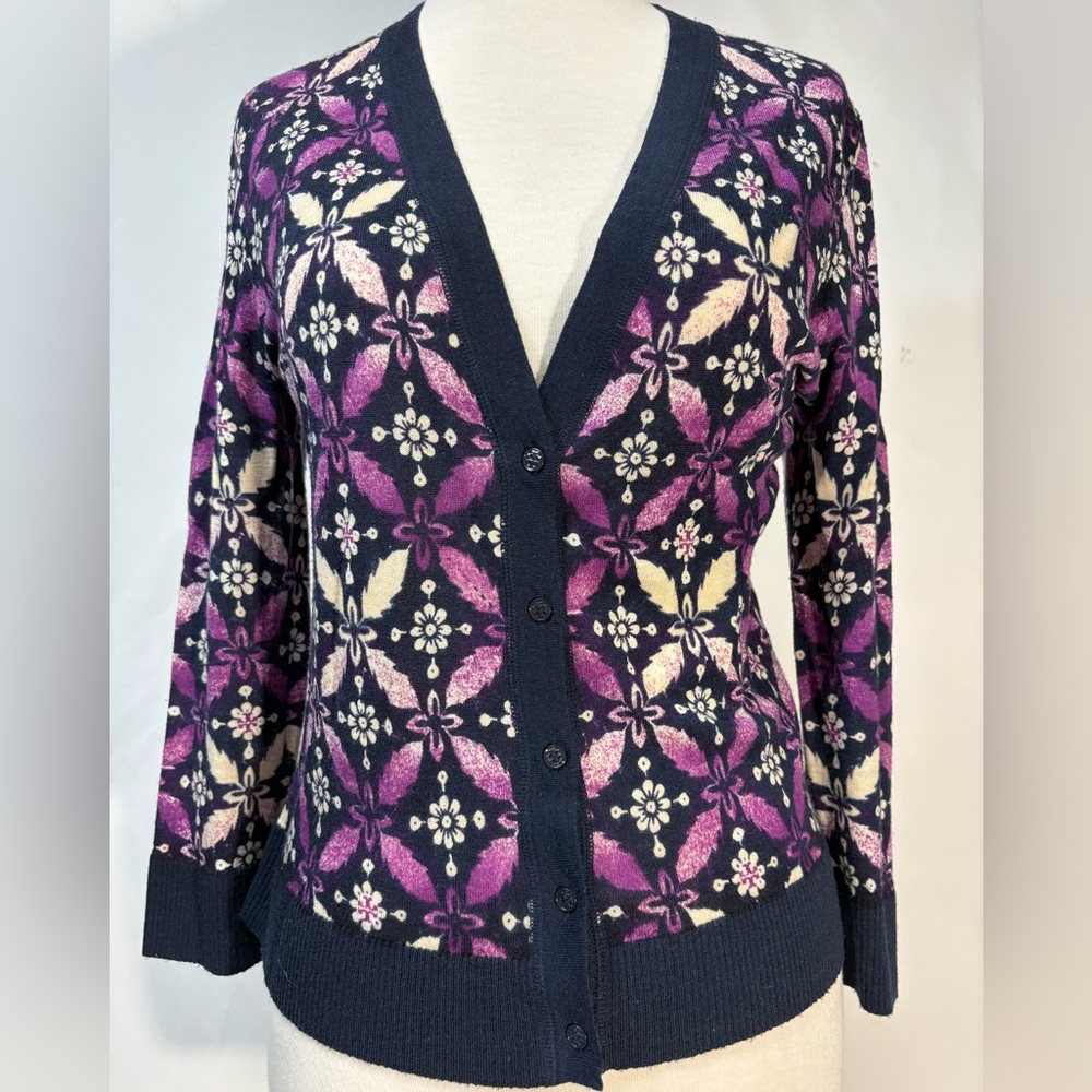 Tory Burch Wool Cardigan Sweater Medium Purple Floral